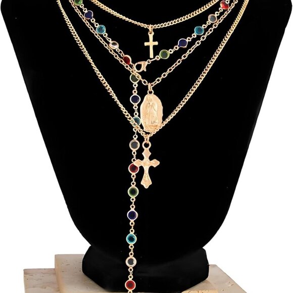 Gold Layered Cross Necklaces Set for Women Dainty Vintage Virgin Mary Jewelry - Picture 8 of 8